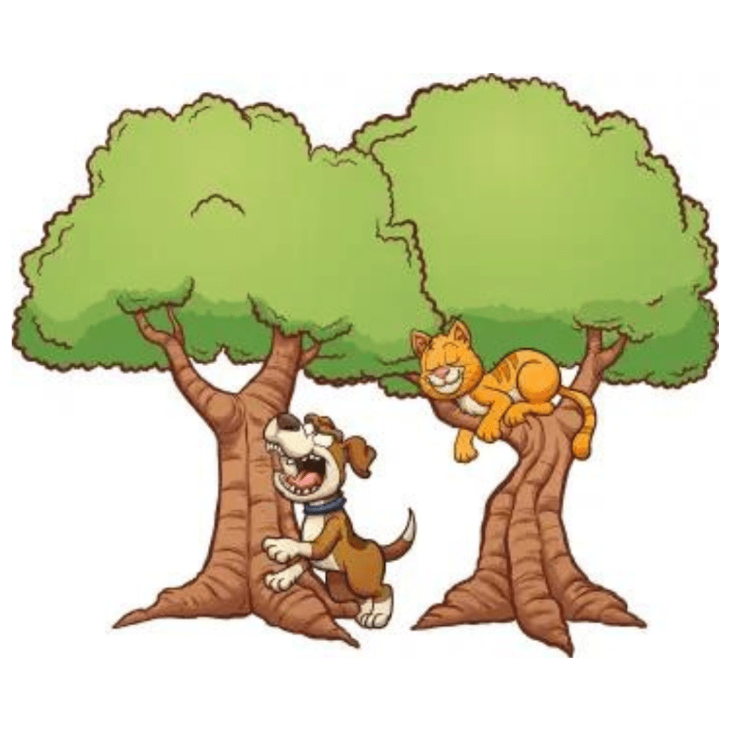 Dog barks at sleeping cat in trees.